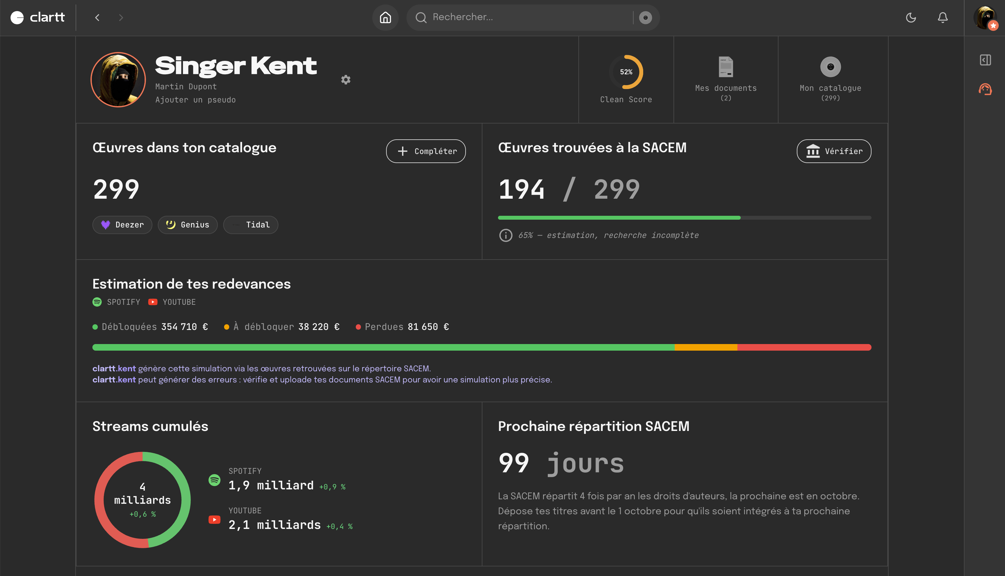 Aperçu de l'application Clartt